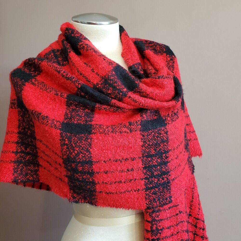 Gap Scarf Wrap Shawl Red Black Woven Plaid Fringe Nubby Soft 24x74" Oversize NEW